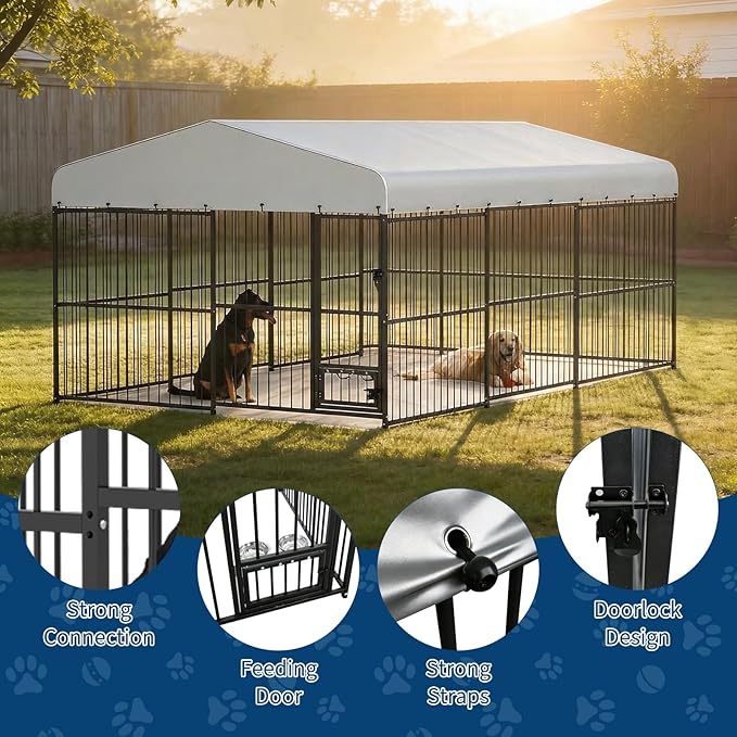 Garvee Dog Kennel Outdoor with Waterproof Canopy, Large Dog House with Feeding Doors, Large Dog Kennel Outdoor for Garden Backyard Courtyard（10×15×7FT）