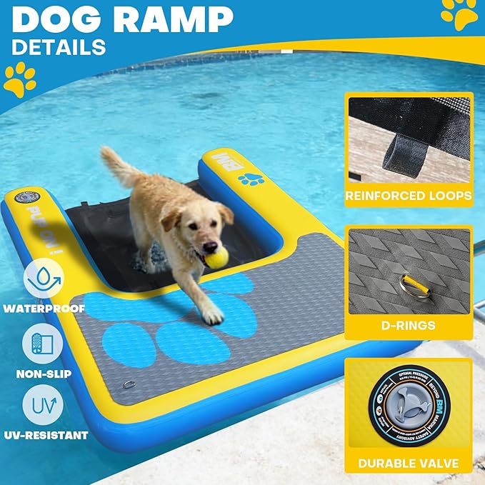 Beyond Marina Dog Pool Ramp - Inflatable Dog Water & Boat Ramp for Lake, Floating Pontoon Dock Ladder with Non-Slip EVA, PUP ON Standard, Extra Large 59" x 47" x 6", Blue/Yellow, Supports 230 lbs