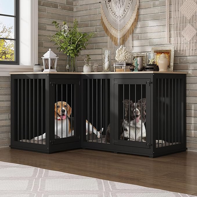 Lovinouse Corner Dog Crate Furniture for 2 Dogs, Indoor Wooden Furniture Style Heavy Duty Large Dog Kennel House with Double Rooms & Divider for Large & Medium Dogs, Black