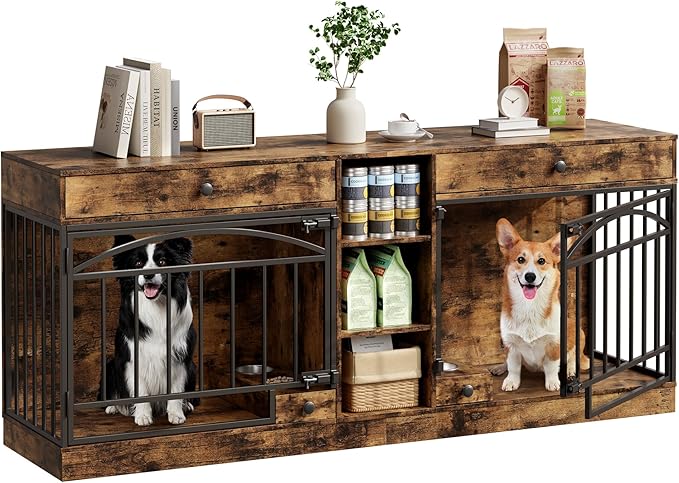IDEALHOUSE 78.7" Double Dog Crate Furniture with Storage and 2 Doors, Dog Kennel Indoor with Feeding Bowls, Wood Dog Crate TV Stand for Small Medium Dogs, Brown