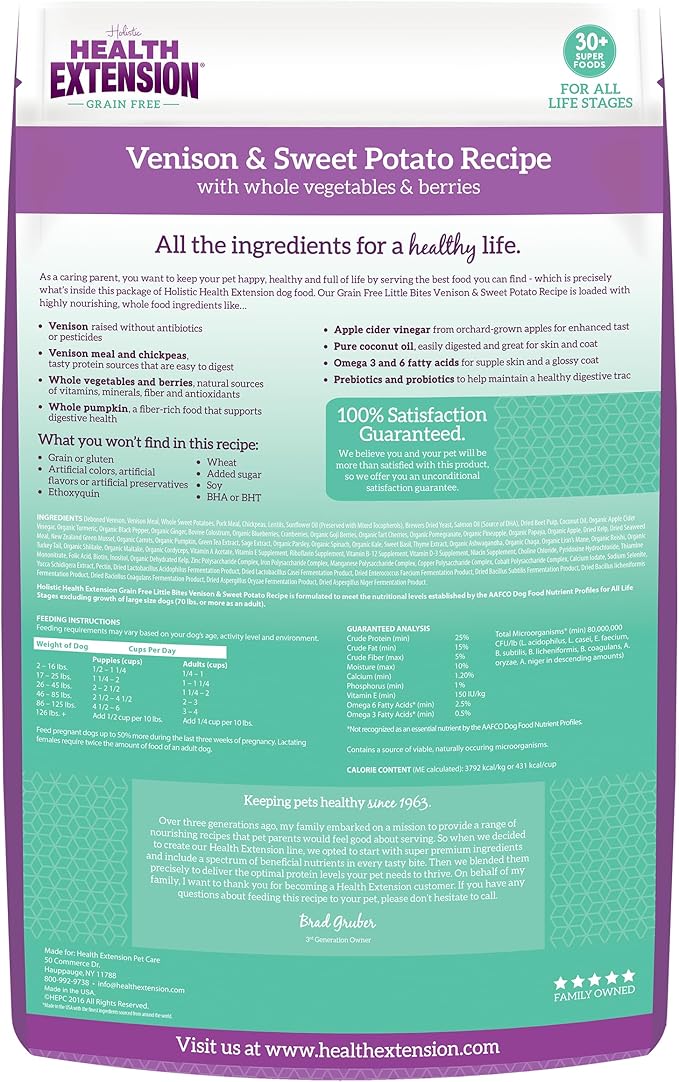 Health Extension Grain Free Venison & Sweet Potato Little Bites Small Kibble Formula with 30+ Superfoods Lean Protein, and Probiotics for Teacups, Toys & Miniature Dogs (12 lb)