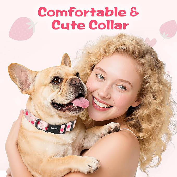 Kazazoo Dog Collar Cute and Soft Nylon Puppy Collar Girl, Adjustable Dog Collars for Small Medium Dogs, Strawberry-M