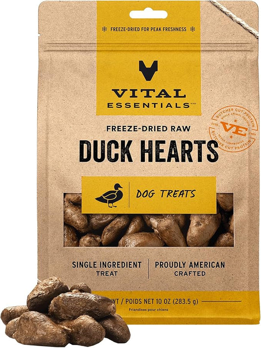 Vital Essentials Freeze Dried Raw Duck Hearts Dog Treats | Single Ingredient | Premium Quality | Grain Free Treats for Dogs, 10 oz Bag