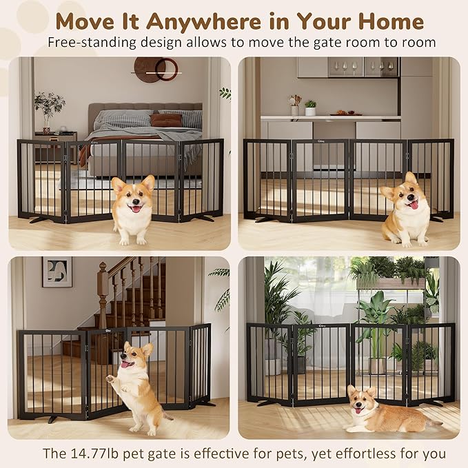 Free Standing Dog Gate Indoor, Foldable Dog Gate for Doorways Stairs Hallways,4-Panel Freestanding Pet Gate with Support Feet for Stability, Folding Puppy Gate Easy to Move, Doggy Gate 72"x24"
