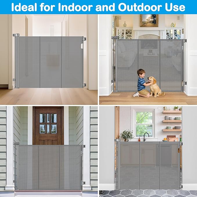 Reinforced 42" Tall X 80" Wide Retractable Baby Gate Extra Tall Cat Gate for Stairs No Sag Retractable Baby Gates for Doorways No Wrinkle Mesh Gates for Kids or Pets with Reinforced Strips, Gray