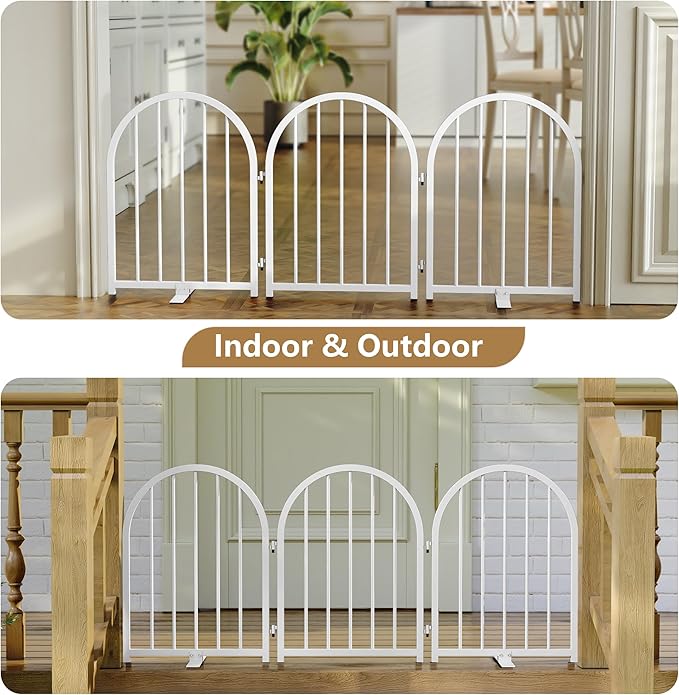 Full Metal Dog Gate for Indoor Outdoor, 24" Tall Free Standing Pet Dog Fence, 54" Wide Arched Pet Gates for Stairs, Hallways, Doorways, Kitchen, Decks, Yards (White, 3 Panels)
