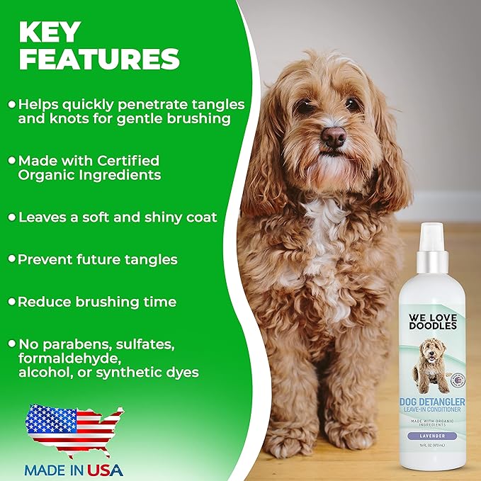 We Love Doodles Dog Dematting Brush & Rake, Hair Brush for Dogs, Made in the USA & Detangler Spray - Stainless Steel Blades, No Pulling, All Hair Types, Promotes Circulation, All Breeds, Ages