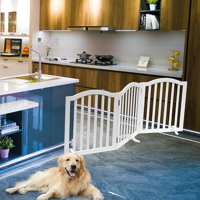Foldable Wooden Dog Gate - 3-Panel Freestanding Pet Fence, 23.6 Inches, White - Suitable for Doorways & Stairs, Also Works as Baby Gate.