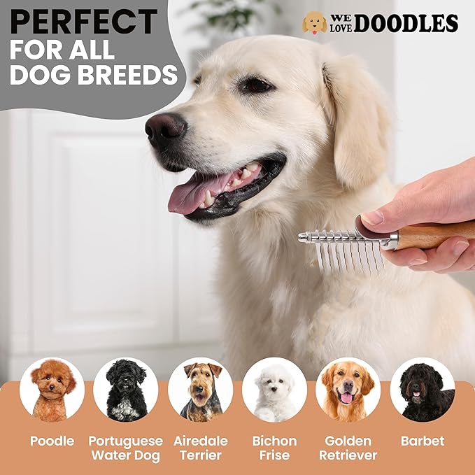 We Love Doodles Dog Dematting Brush & Rake, Hair Brush for Dogs, Made in the USA & Detangler Spray - Stainless Steel Blades, No Pulling, All Hair Types, Promotes Circulation, All Breeds, Ages
