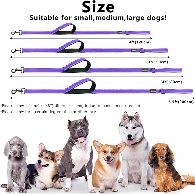 Dog Leash 5ft Long, Double Handle Dog Leash for Safety Control Training, Heavy Duty Dog Leads with Traffic Padded Handles, Reflective Leashes for Small Medium Large Dogs(5ft, Purple)