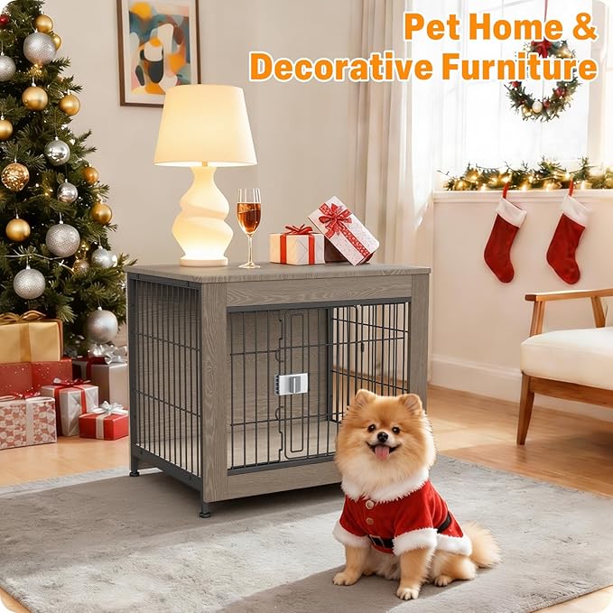 Furniture Style Dog Crate, 27" Wooden Dog Kennel End Table with Solid Top, Indoor Pet Crate House with Secure Slide Lock, Modern Dog Cage Furniture for Small & Medium Dogs, Greige