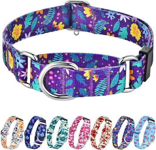 Hikiko Martingale Collar for Dogs with No Buckle Flower Dog Collars Pretty Cute Purple Dog Collar for Large Dogs,Colourful Blossoms,L