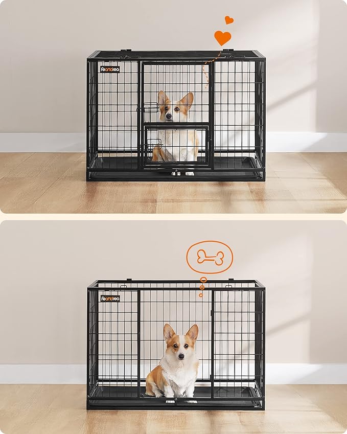 Feandrea Heavy-Duty Dog Crate, Dog Cage, 92.5 x 57.5 x 64 cm, for Small and Medium Dogs, Anti-Escape, Double Removable Door, Easy Cleaning, Pet Cage, L, Black PPD002B01