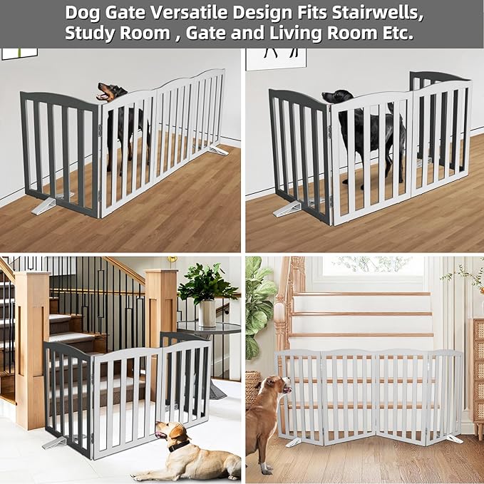 Freestanding Dog Gate Indoor,Doggie Gate Foldable Pet Gates for Doorways,Stairs or Hallways, Wooden Grey Pet Gate for the House, Pet Fence with Support Feet Included,32 "Height-3 Panels