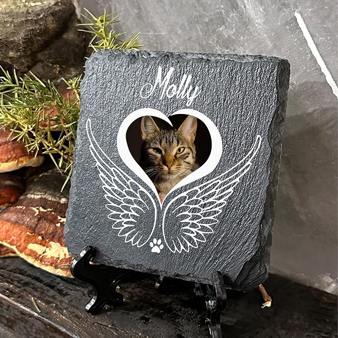 Personalized Individual Square Memorial Plaque + Stand for Pet Cat Dog Slate Stone Frame Paw Grave Marker - Size 3.94" x 3.94" or 100 x 100 mm - Angel Wings