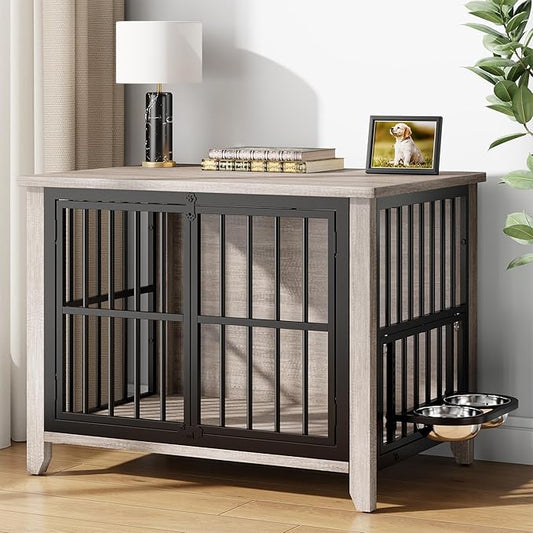 31.5" Dog Crate Furniture, Wooden Dog Kennel Indoor with 360° Rotating Feeder and 2 Adjustable Bowls, Decorative Side End Table Dog Cage for Medium and Small Dogs, Grey