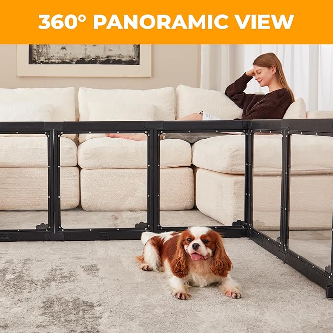 Acrylic Dog Playpen Indoor, Cloud Design Clear Dog Play Pen for Puppies and Small Dogs, Easy Assembly & Clean Puppy Pen (23.6", 12 Panels, Black)