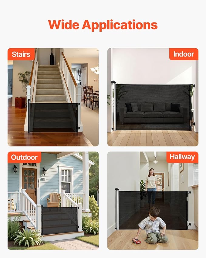 VEVOR Retractable Baby Gate, Extends to 57 inch Wide, 38.5 inch Tall, with Security Lock, Easy to Use, Walk Through Without Tripping, Mesh Dog Gate for Stairs, Hallways, Indoor/Outdoor, Black
