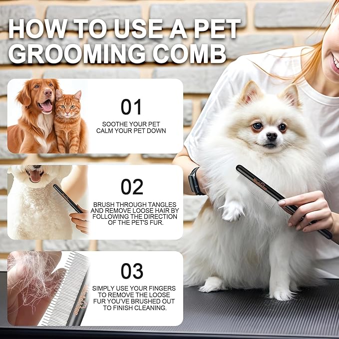 Professional Dog Comb with Wood Handle Fine Tooth Comb Metal Flea Comb Pet Grooming Tool for Dogs and Cats Remove Loose Hair Tangles Dirt Fleas