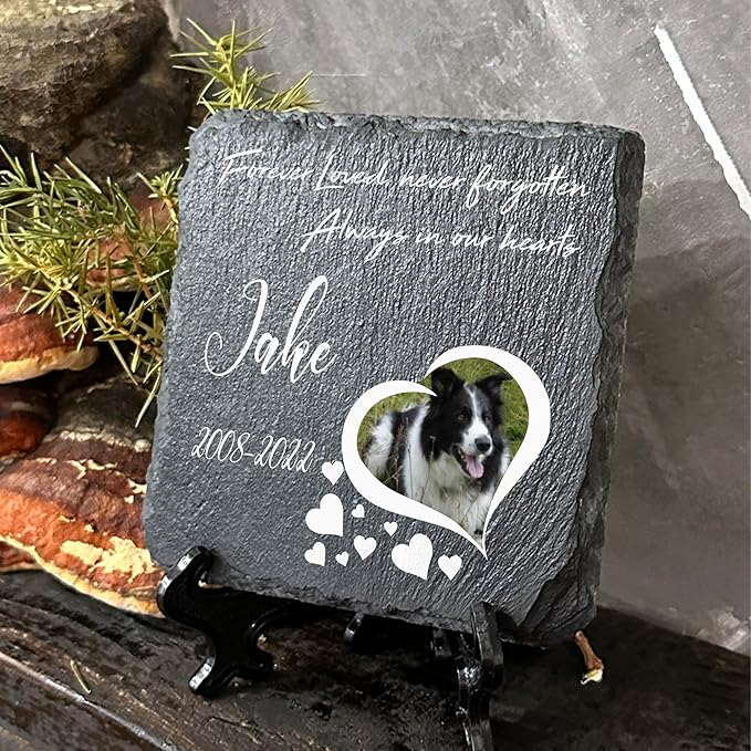 Personalized Individual Square Memorial Plaque + Stand for Pet Cat Dog Slate Stone Frame Paw Grave Marker - Size 3.94" x 3.94" or 100 x 100 mm - Heart Photo