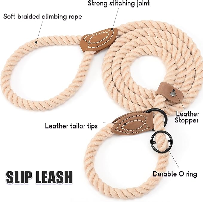 Mile High Life Slip Leads for Dogs | Heavy Duty Dog Training Leash | 5 Feet No Pull Slip Leashes w Leather Tip | Braided Rope Lead for Dogs Outside