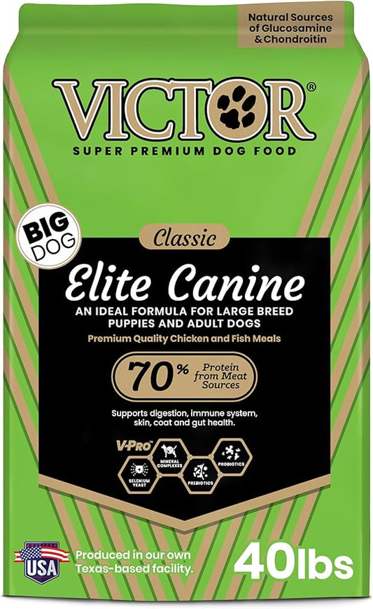 VICTOR Super Premium Dog Food – Elite Canine Dry Dog Food with Chicken & Fish Meal – 25% Protein, 14% Fat, Gluten Free – for Large Breed Dogs & Puppies, 40lbs