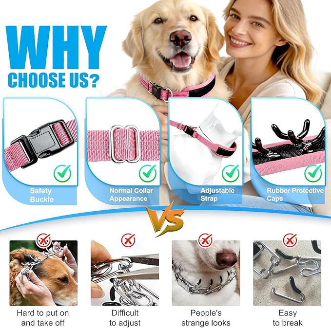 Lightweight Prong Collar for Dogs, Reflective No Pull Dog Collar | Adjustable Size Dog Pinch, Breathable Woven Fabric Air Grid Technology, Martingale Collar for Dogs Training（Pink-M）