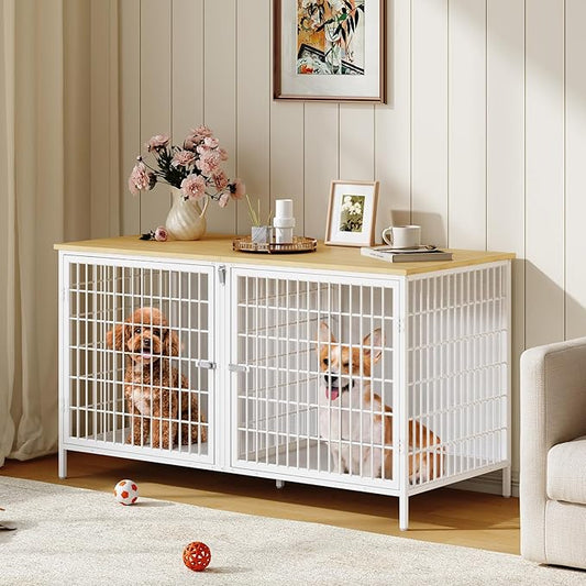Dog Crate Furniture for 2 Dogs, 43.3" Dog Kennel with Removable Divider, Heavy Sturdy Dog Furniture Style Double Cage for Small Medium Dogs, Indoor Pet House End Table, Natural and White