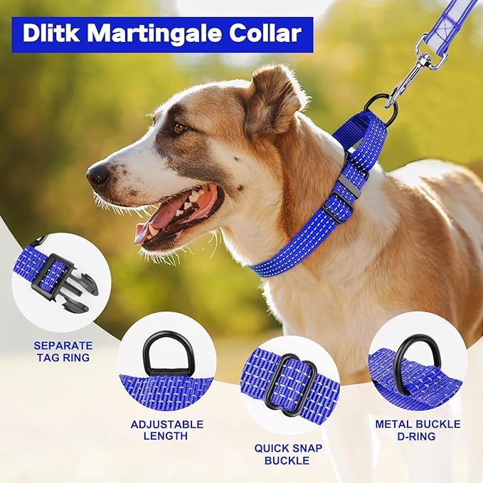 Martingale Dog Collars, Adjustable Reflective Nylon Dog Collar for Training Dogs, No Pull Dog Choker Collar for Medium Large Dogs (M, Navy Blue)