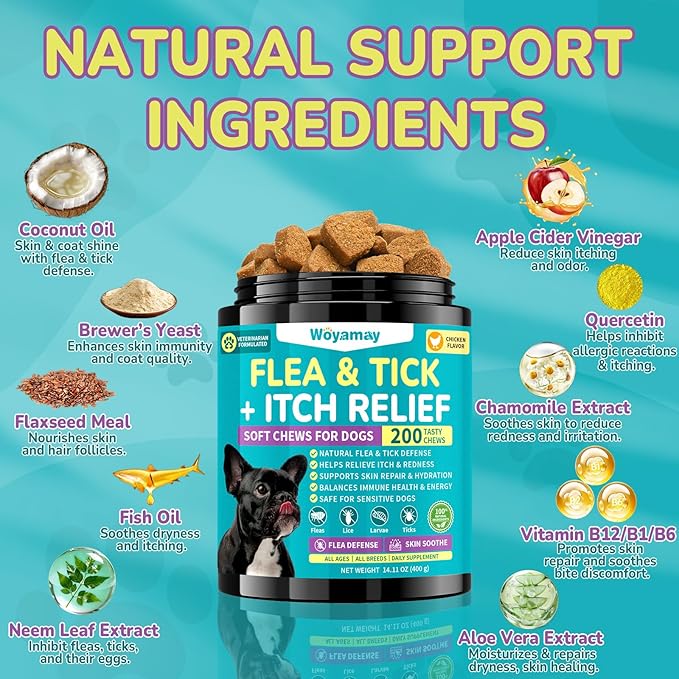 Flea & Tick + Itch Relief for Dogs Chewables, Flea and Tick Prevention for Dogs, Dog Allergy Chews, Dog Itching Skin Relief & Skin Repair, Flea Treatment Dogs, 200 Soft Chews, Chicken Flavor