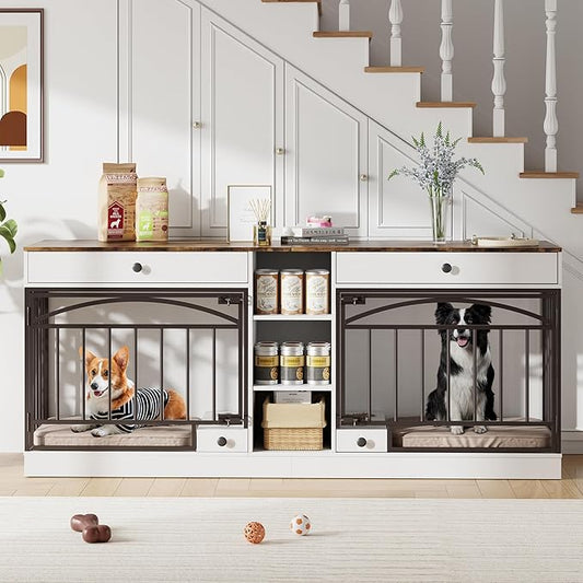 GarveeHome Dog Crate Furniture for 2 Dogs, Dog Kennel Indoor with Storage and Feeding Bowls, Double Dog Crate TV Stand for Small Medium Dogs, White