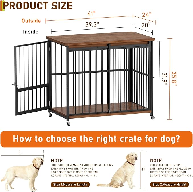 Dog Crate Furniture, 42’’ Wooden Dog Kennel Indoor with Sliding Front Door, Multi-Side Openings & Feeding Window Pet Cage House as TV Stand