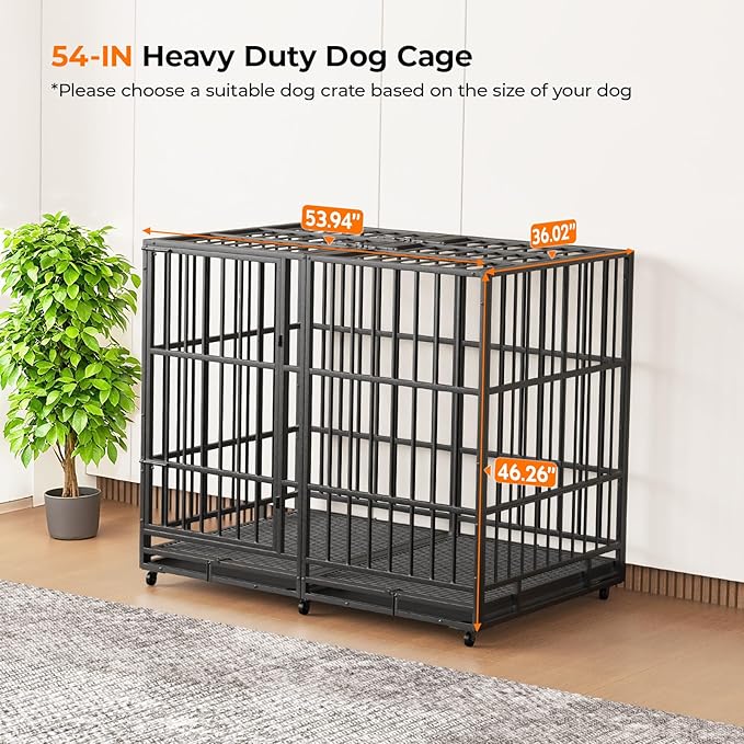 54 inch Heavy Duty Dog Crate with Dual Doors and Lockable Wheels, Large Dog Kennel Indoor, Removable Tray for Easy Cleaning, Dog Cage for Medium to Large Breeds and Anxious Dogs