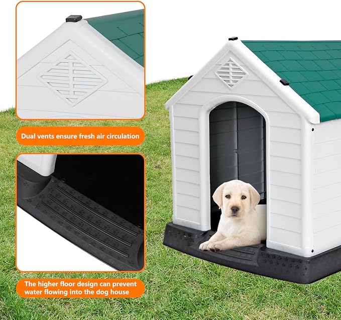 Large Plastic Dog House Indoor Outdoor Doghouse Dog Kennel Easy to Assemble Puppy Shelter with Air Vents Elevated Floor Waterproof Green