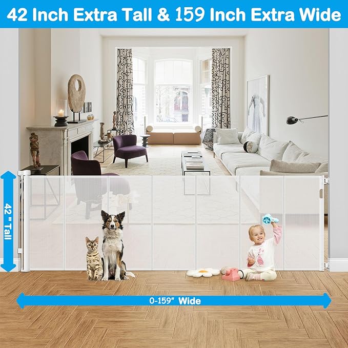 Reinforced 42” Extra Tall X 159” Extra Wide Retractable Gate Indoor Prevent Kids and Pets from Getting Through Tall Retractable Baby Gates for Doorways Pet Gates for Wide Openings Mesh Baby Gate White