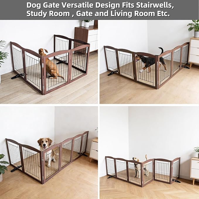 Dog Fence Indoor,Dog Gate Indoor for Doorway pet gate -6-Panel Freestanding, Hallways, House or Stairs -120x32-Inch Retractable Foldable Expandable Wood Pet by SFJC (Brown) ﻿