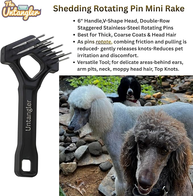 Undercoat Mini-Rakes for Effective Dematting and Grooming Dogs and Cats has V-Shape Head and Double Row, Stainless-Steel Rotating Teeth (Shedding Mini-Rake)