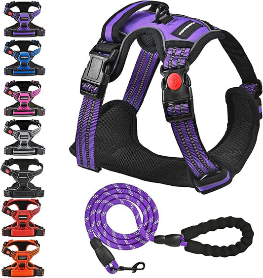 No Pull Dog Harness with A Free Heavy Duty 5ft Dog Leash, Adjustable Soft Padded Dog Vest, Reflective No-Choke Pet Oxford Vest with Easy Control Handle for Small and Large Dogs (Purple, Small)
