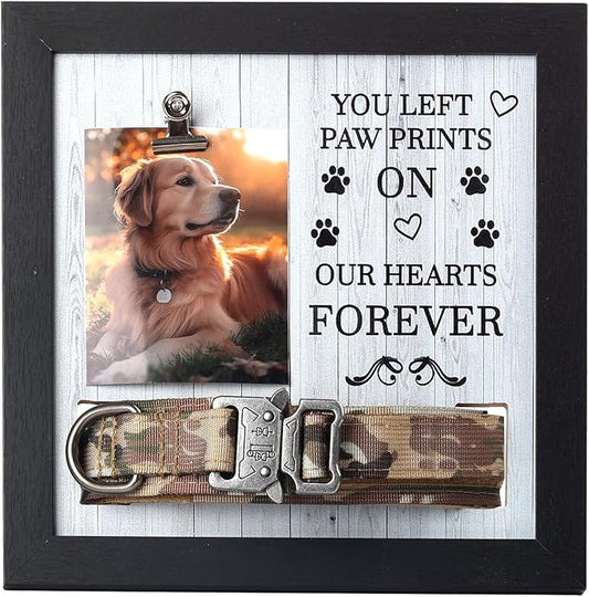 Pet Memorial Frame with Collar Holder – Dog & Cat Loss Remembrance Gift – You Left Paw Prints on Our Hearts Forever – Sympathy Keepsake Frame for Pet Lovers