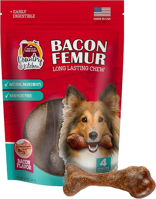 Country Kitchen Bacon Femur, Rawhide Free Dog Chews, Natural Ingredients, Made in The USA, 8.7 oz, 4 Count