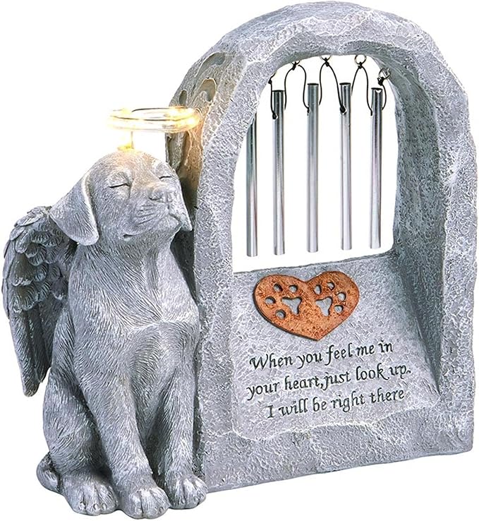 The Lakeside Collection Pet Memorial Statue Solar with Chimes and Lighted Halo Dog or Cat - Dog