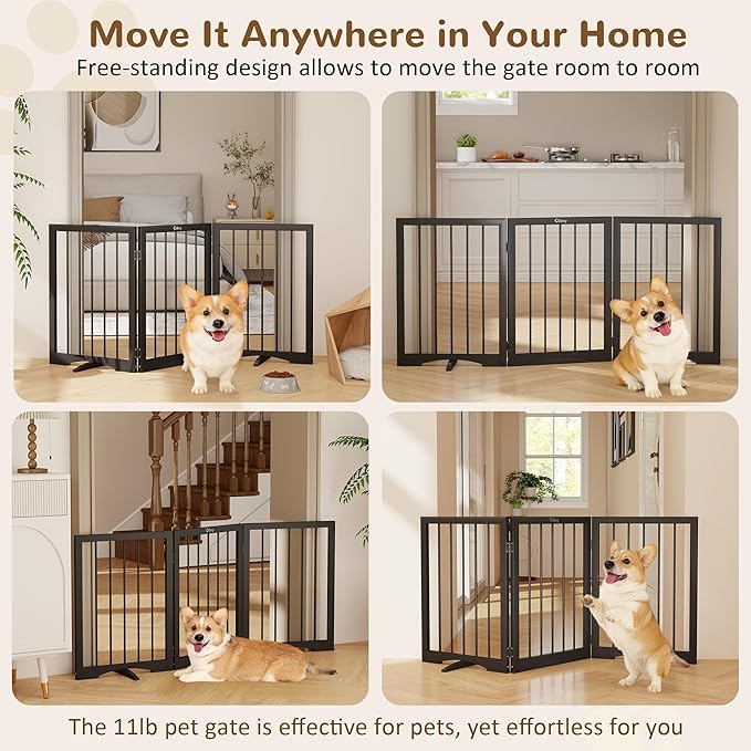 Free Standing Dog Gate Indoor, Foldable Dog Gate for Doorways Stairs Hallways, 3-Panel Freestanding Pet Gate with Support Feet for Stability, Folding Puppy Gate Easy to Move, Doggy Gate 54"x24"