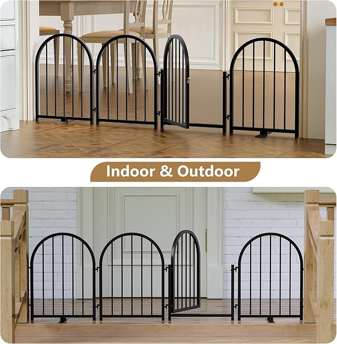 Full Metal Dog Gate with Door for Indoor Outdoor, 24" Tall Free Standing Pet Dog Fence, 72" Extra Wide Pet Gates for Stairs, Hallways, Doorways, Kitchen, Decks, Yards (Black, 4 Panels)