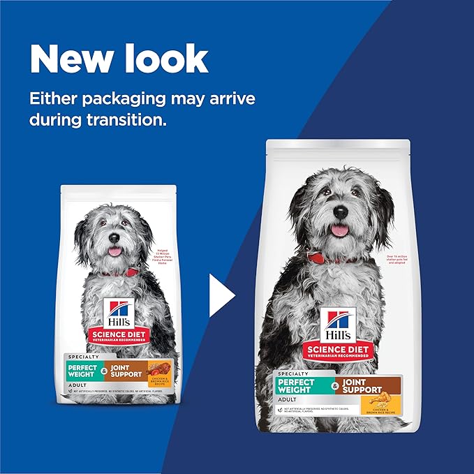 Hill's Science Diet Perfect Weight & Joint Support, Adult 1-6, Weight Management & Joint Support, Dry Dog Food, Chicken & Brown Rice, 25 lb Bag