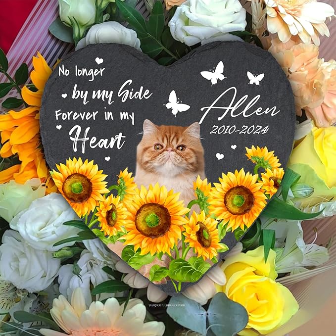 Cowcute Personalized Pet Memorial Stones for Cat Dog, Loss of Dog Sympathy Gifts for Dog Mom, Customized Bereavement Grave Marker with Photo Name Dates, No Loger by My Side Garden Stone