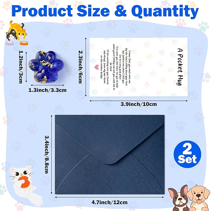 Loss of Pet Sympathy Gift - 2 Pack Glitter Blue Mini Paw Pocket Hug Toy with Memorial Card Envelope Remembrance Bereavement Gift Loss of Dog Cat Sympathy Favor Pet Lovers Stress Relief Toy