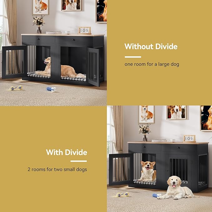 DWVO 60 Inch Double Dog Crate Furniture for 2 Dogs, Heavy Duty Wooden Dog Crate TV Stand with Removable Divider & Storage Drawers, Dogs Kennel Indoor Furniture Double Sliding Barn Door, Black