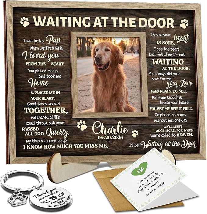 Pet Memorial Gifts for Dogs - Personalized Waiting at The Door Dog Memorial Picture Frame, Engraved Keychain, Pet Sympathy Card - Passed Away Sympathy Gift for Dog Lovers, Bereavement Decor Home