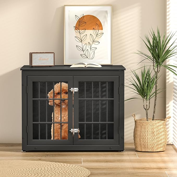 32" Heavy Duty Dog Crate Furniture for Small and Medium Dogs, Metal Kennel for High Anxiety Dogs, Chew Proof Pet Cage Indoor, Decorative Dog Kennel End Table