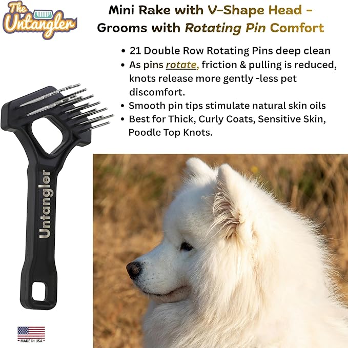 Mini-Rake V-Shape Double Row 1" Rotating Teeth Detangles and Grooms Dogs and Cats